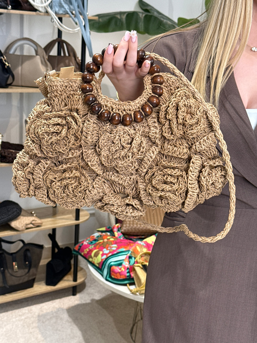 Sac paille tressé fleuri