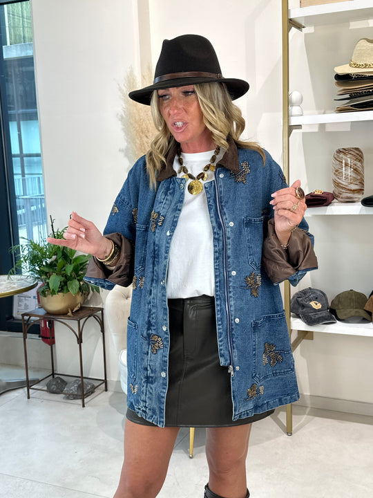 Veste jean épais strass fleurs V8604