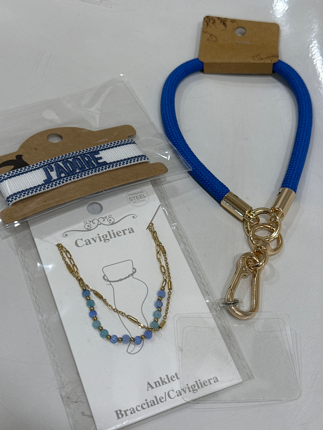 Set bracelet tissu + chaîne pied + bracelet téléphone BLEU
