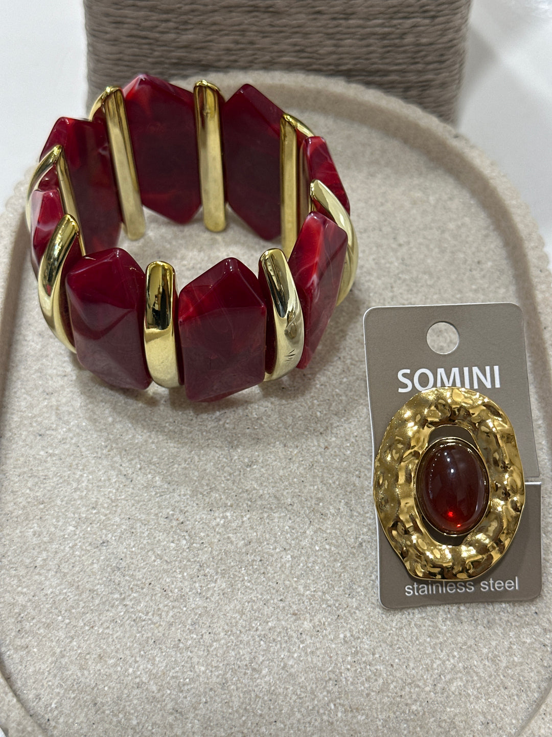 Set manchette + bague rouge or