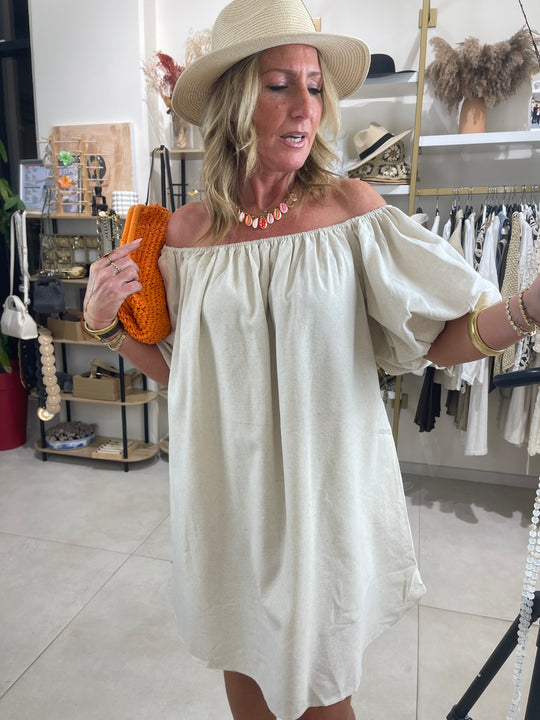 Robe lin bouffante manches Beige /8997