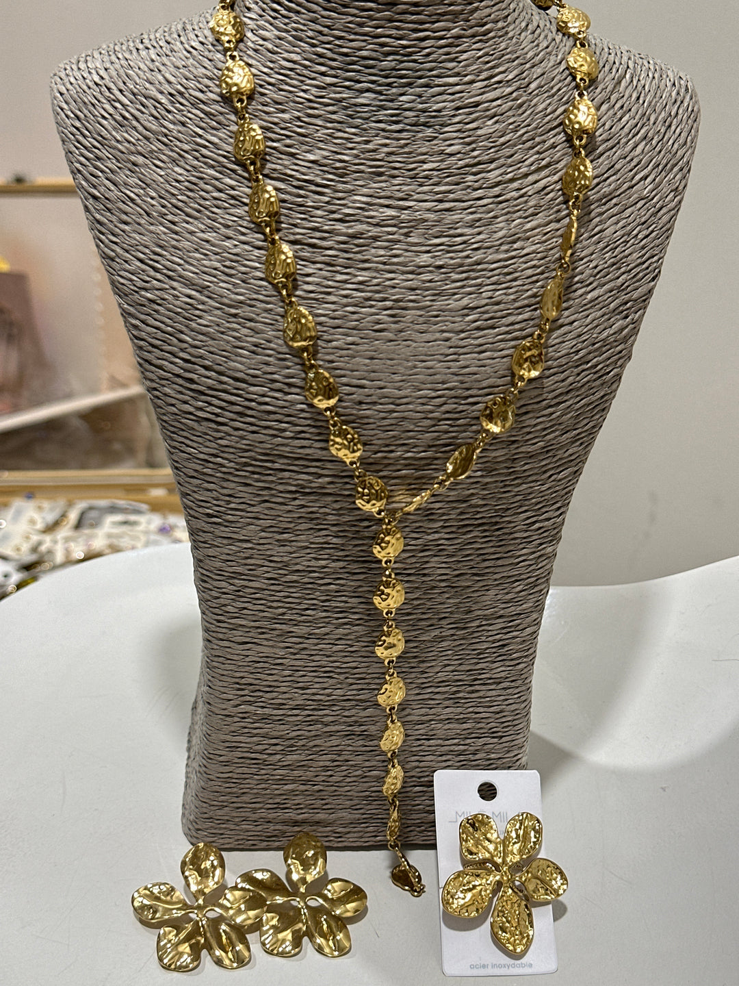 Set collier petits ronds + boucles d’oreilles + bague FLEURS