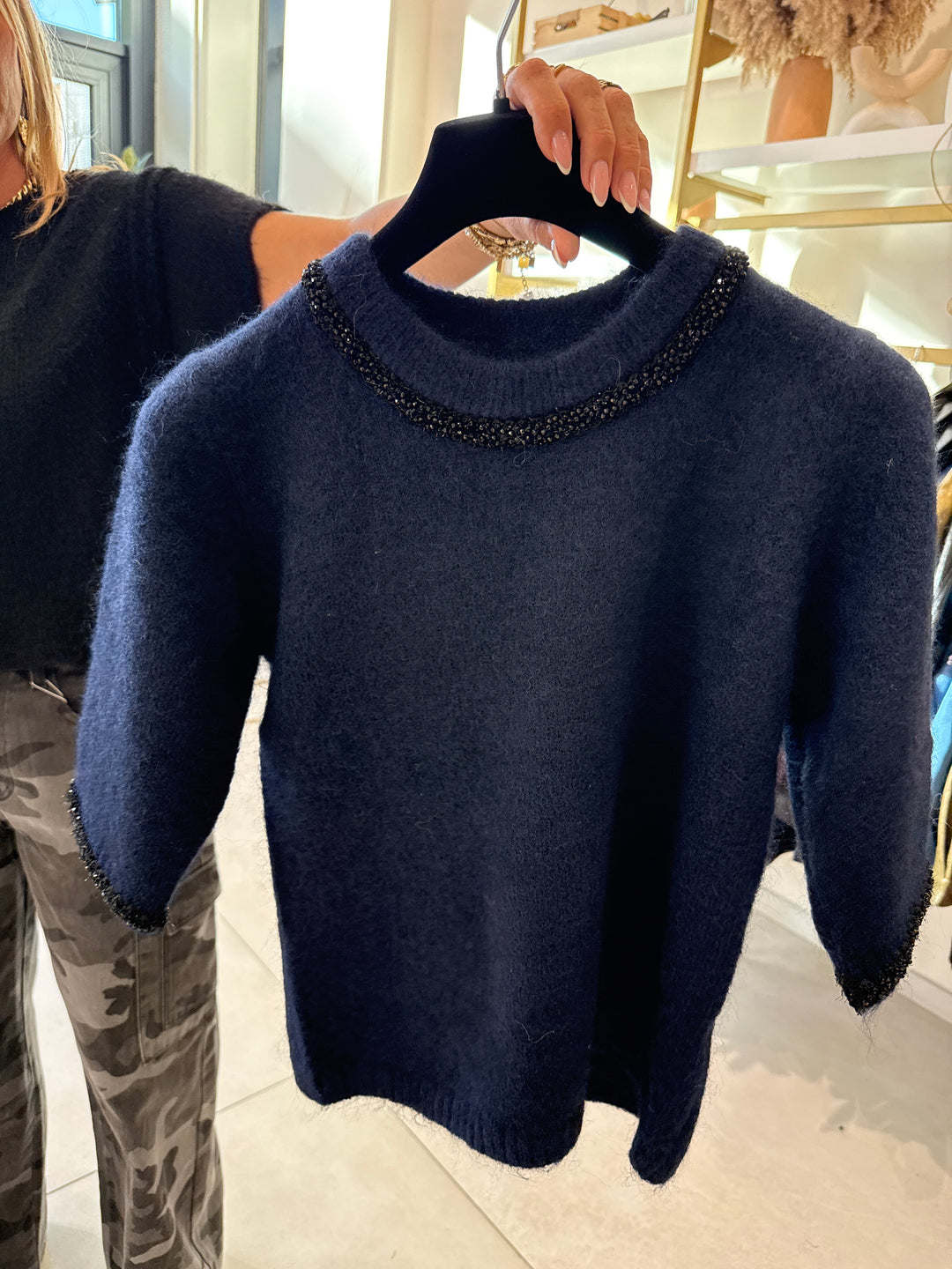Pull bleu marine col strass 5602