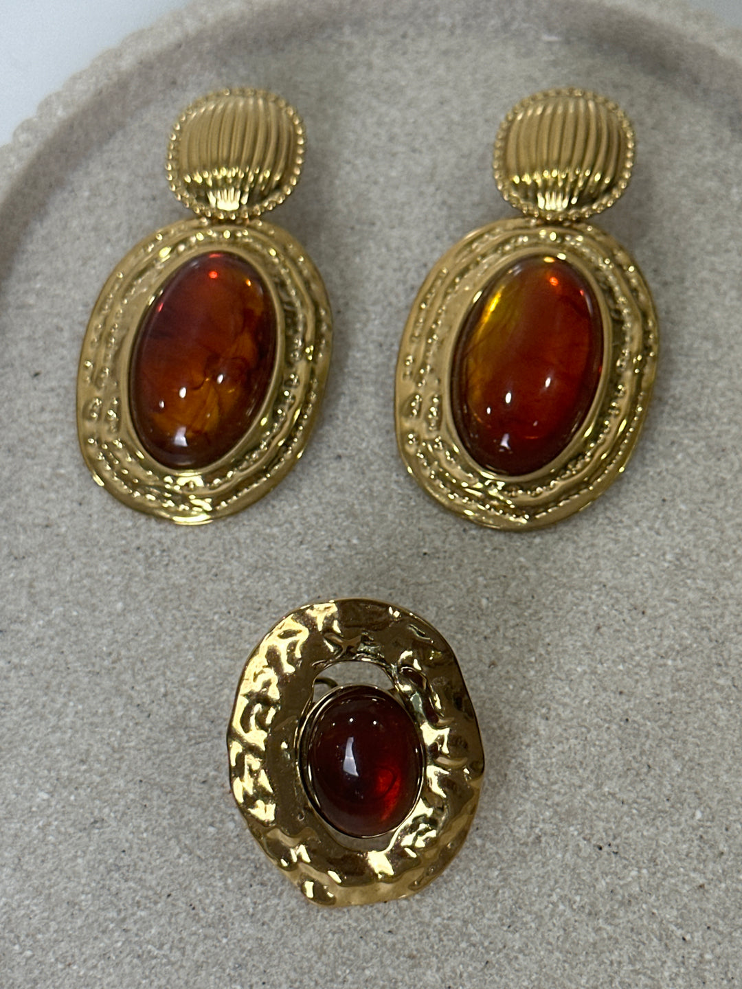 Set bague + boucles d’oreilles nacré camel