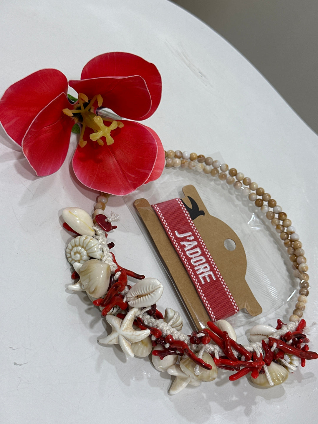 Set bracelet tissu + pince fleur rouge + collier