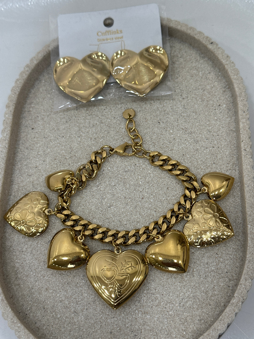 Set bracelet multi cœur or + boutons manchette coeur
