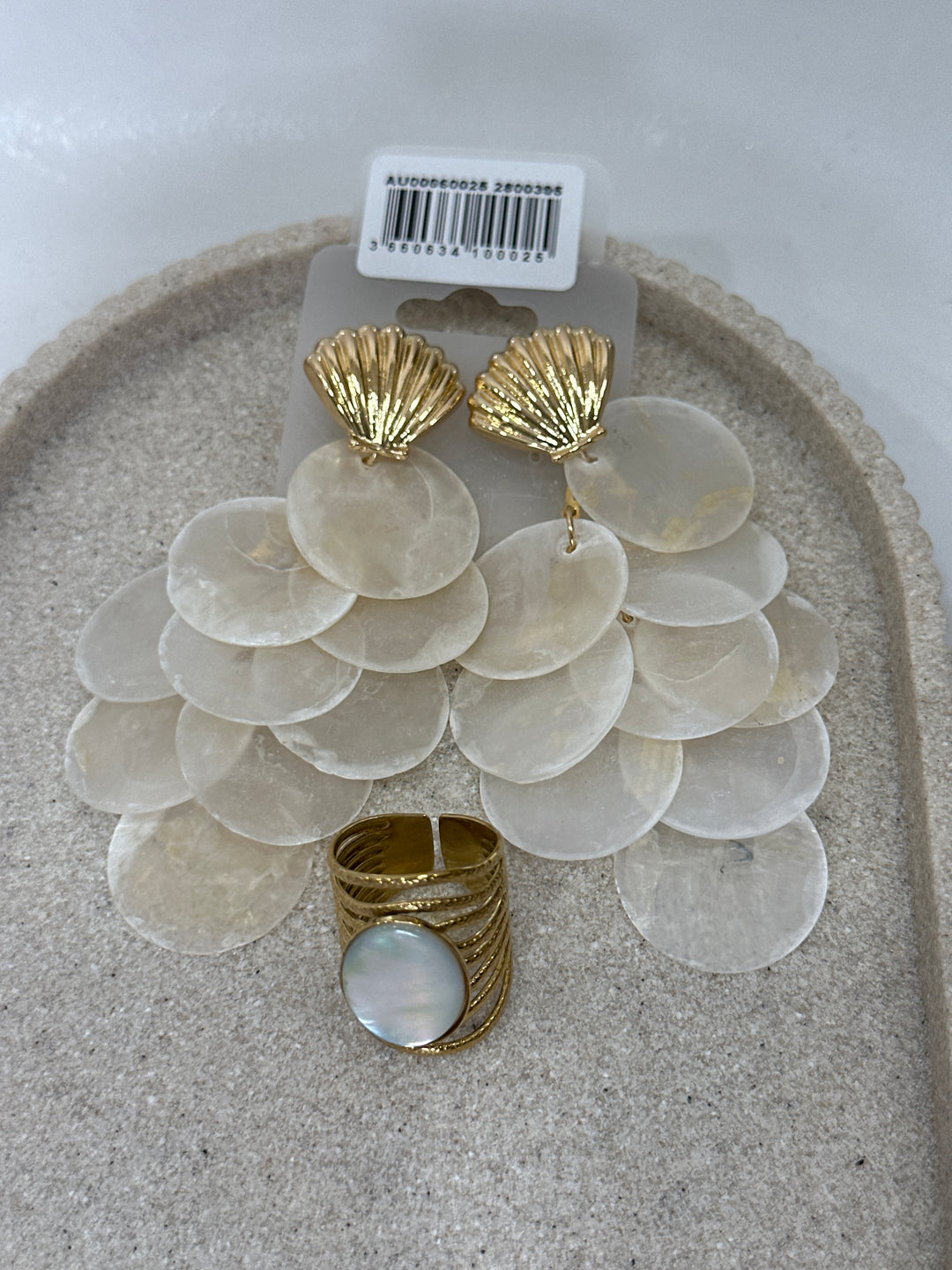 Set bague nacré + boucles d’oreilles en cascade blanc