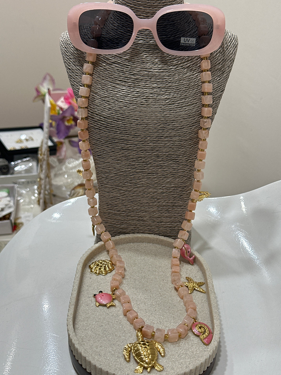 Set sautoir rose + lunettes roses