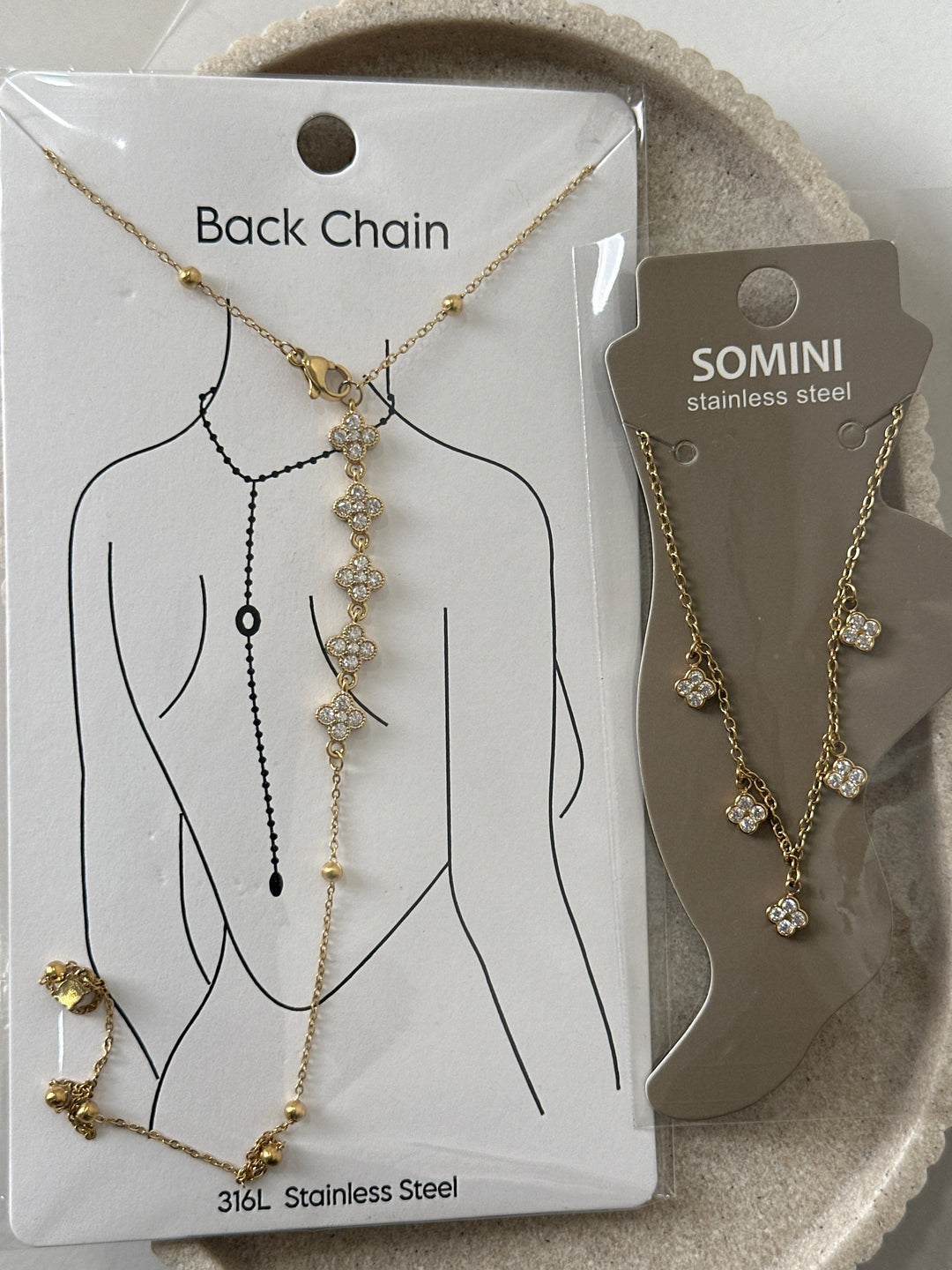 Set bijoux dos et pied petit trèfle strass