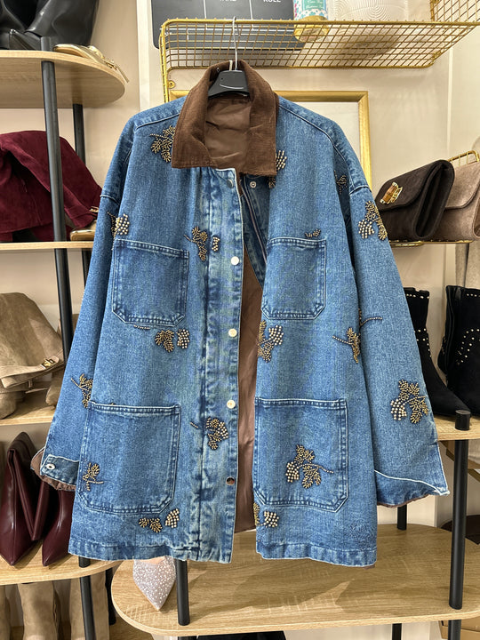 Veste jean épais strass fleurs V8604
