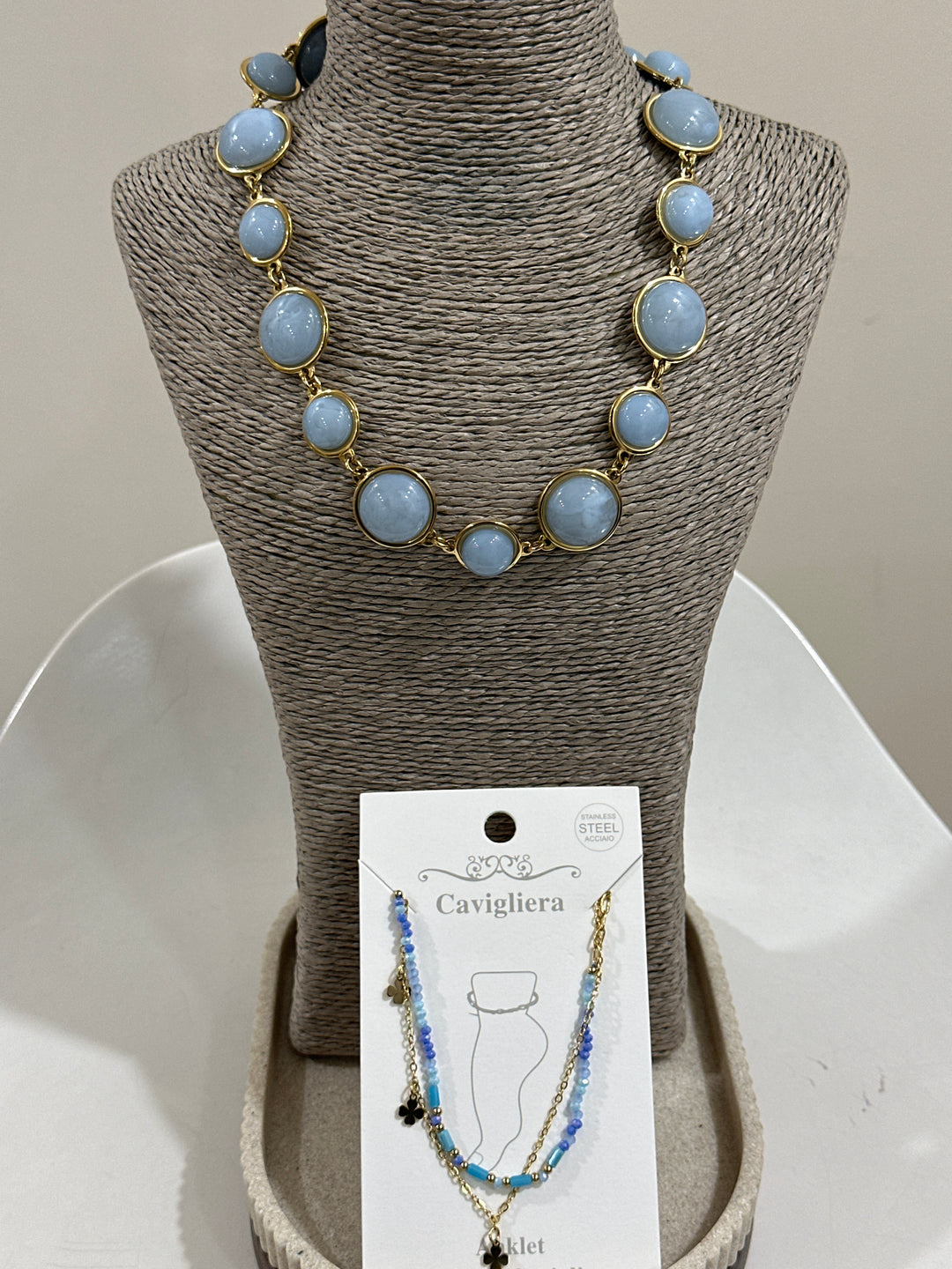 Set collier nacre bleu + bijoux pieds