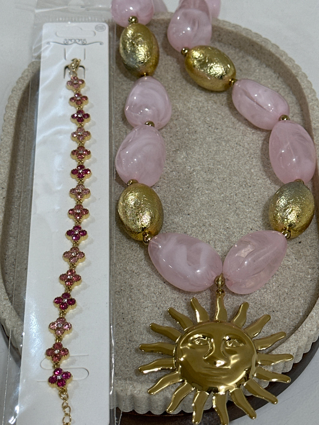 Set bracelet strass rose + collier soleil rose