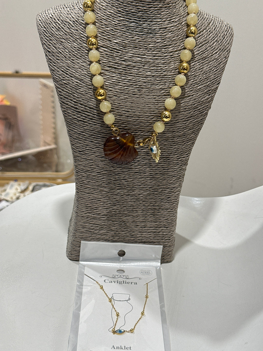 Set collier perle + chaîne de pied oeil