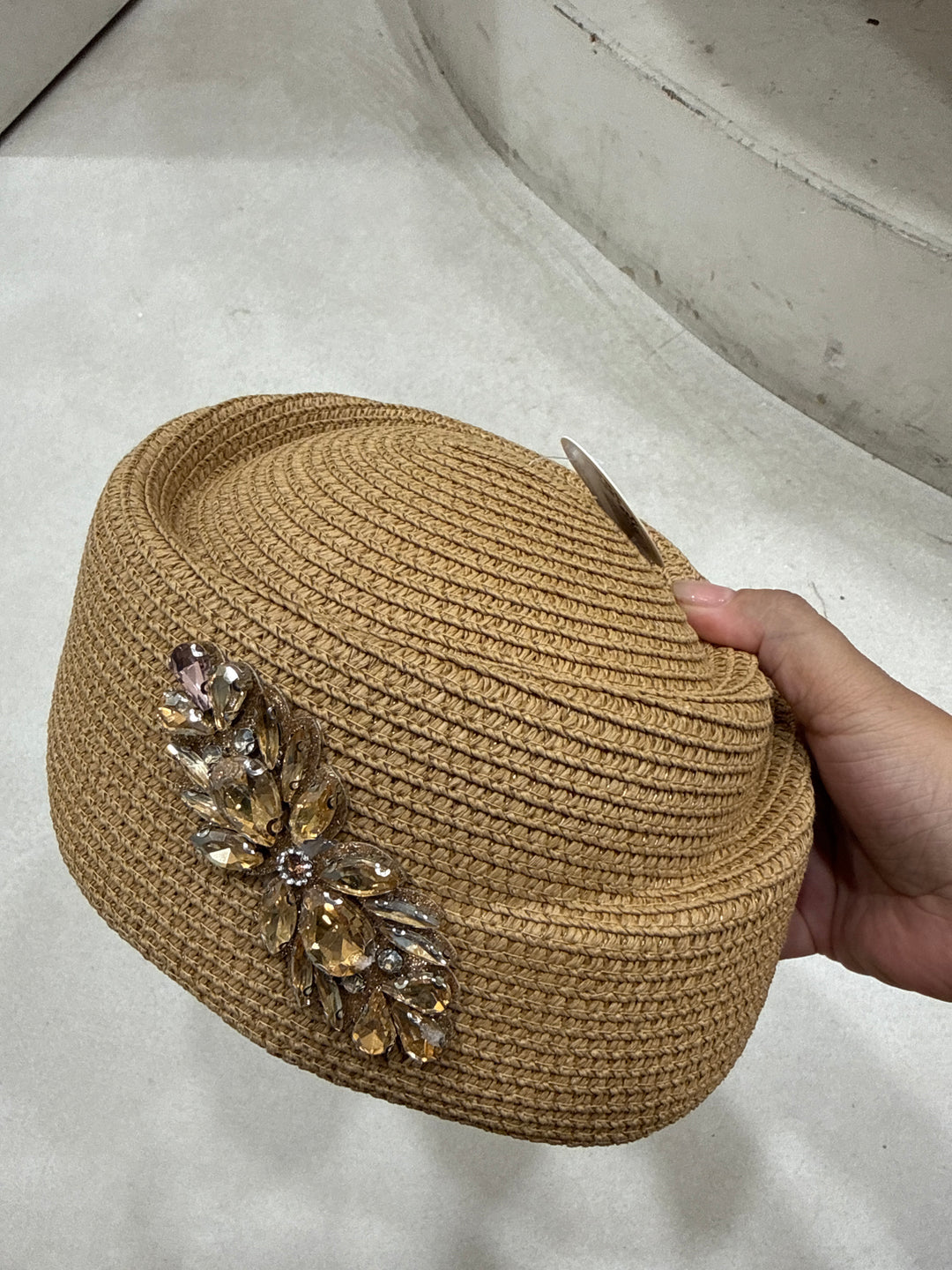 Chapeau rond en paille strass 464 camel