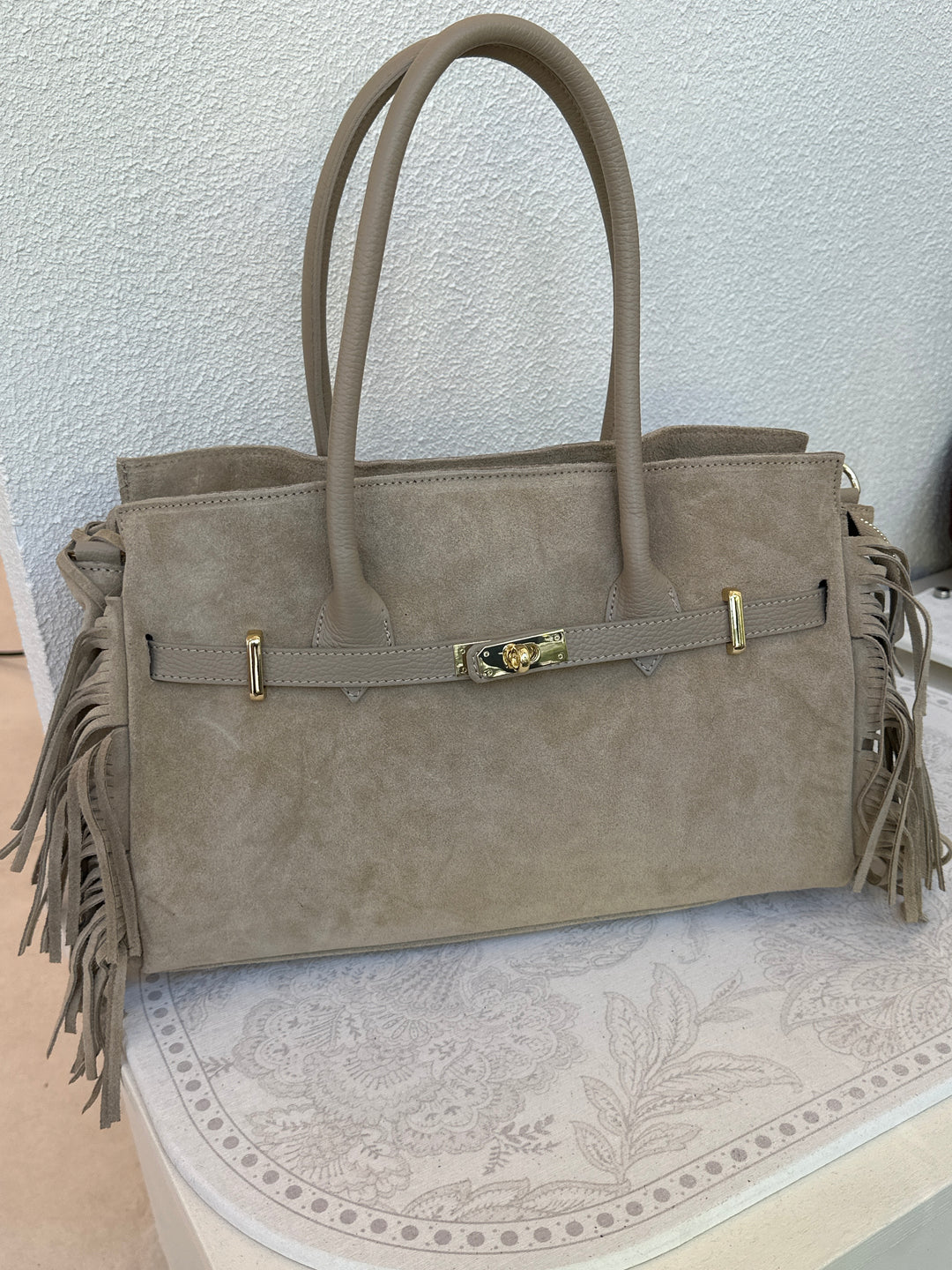 Sac cuir daim frange beige