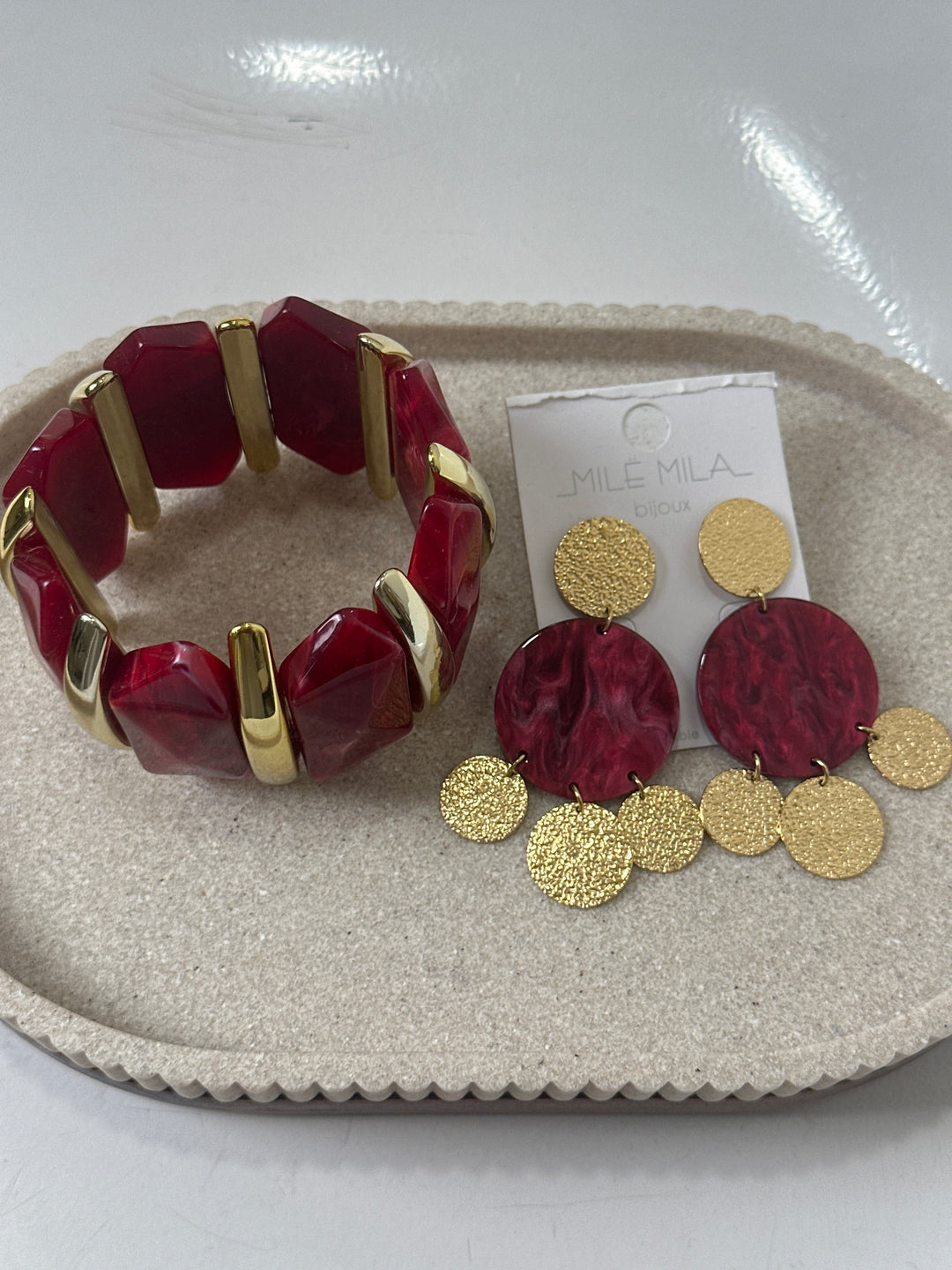 Set manchette + boucles d’oreilles nacré bordeaux