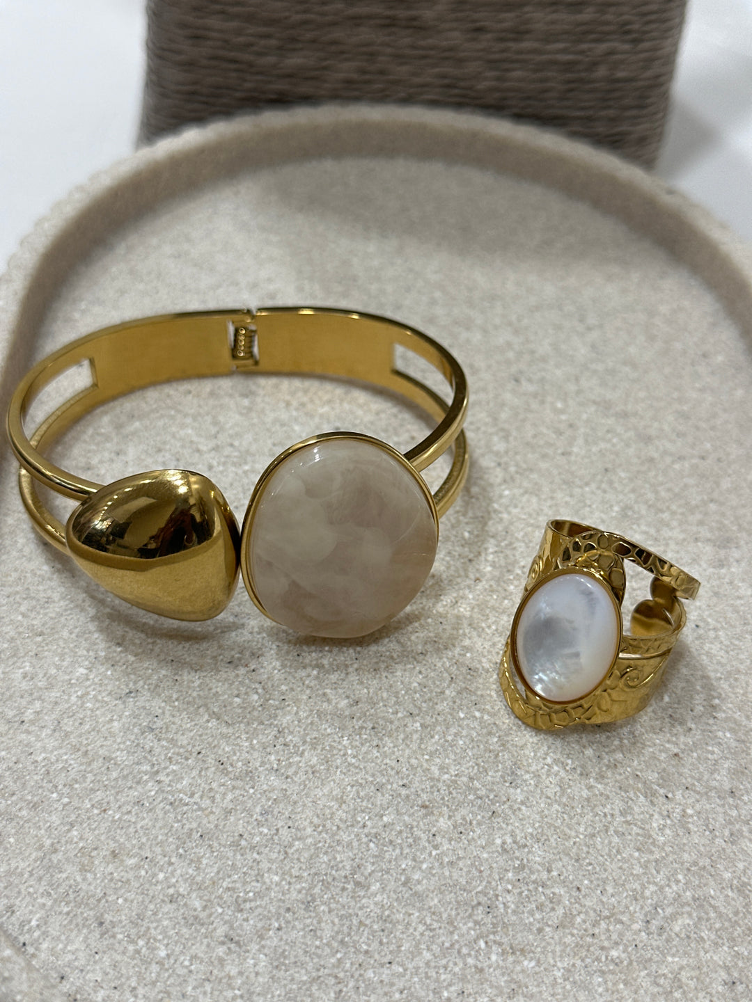 Set bracelet + bague nacré blanc