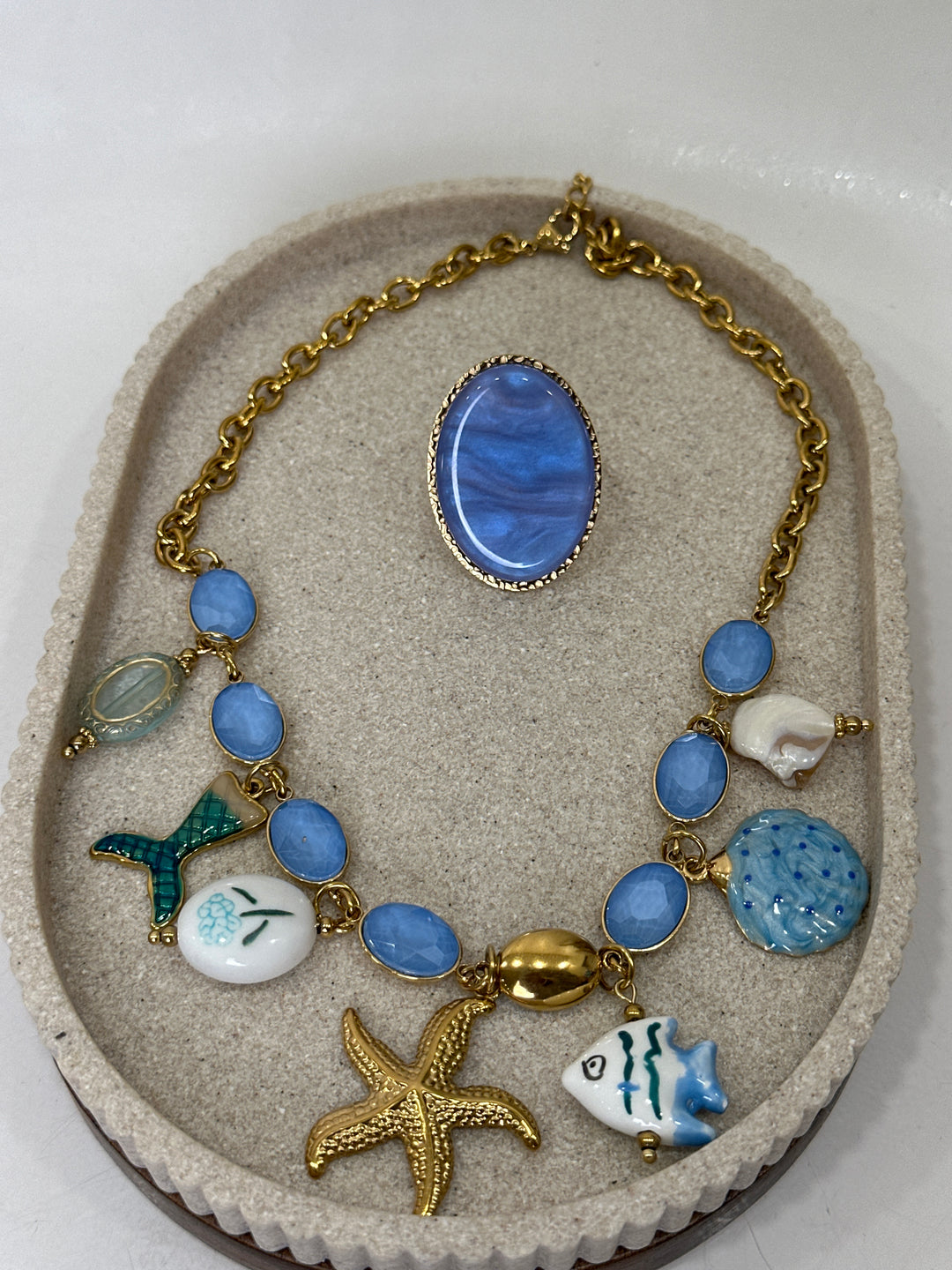 Set collier pendentifs bleu + bague bleu