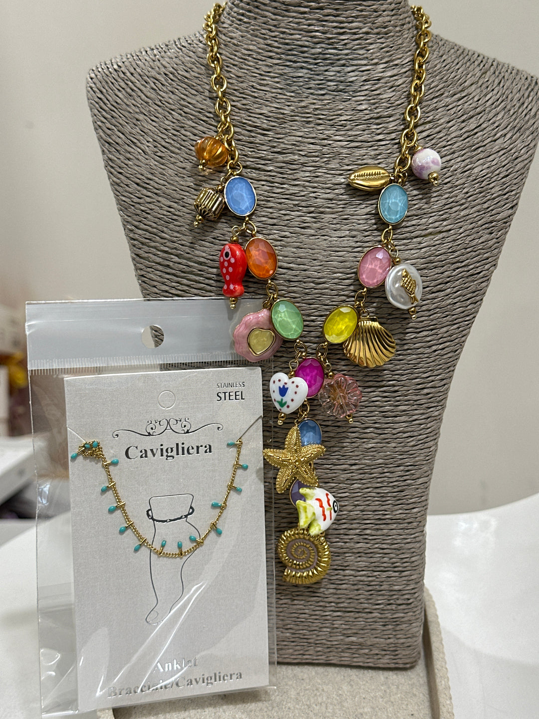 Set collier multicolore + chaîne pied turquoise