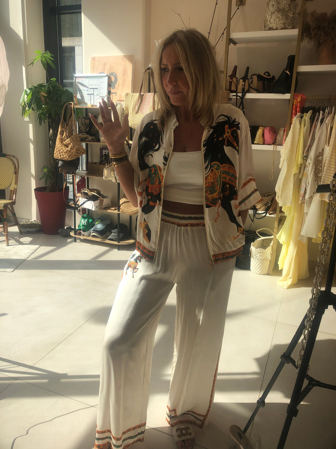 Pantalon cheval ecru soie 9088