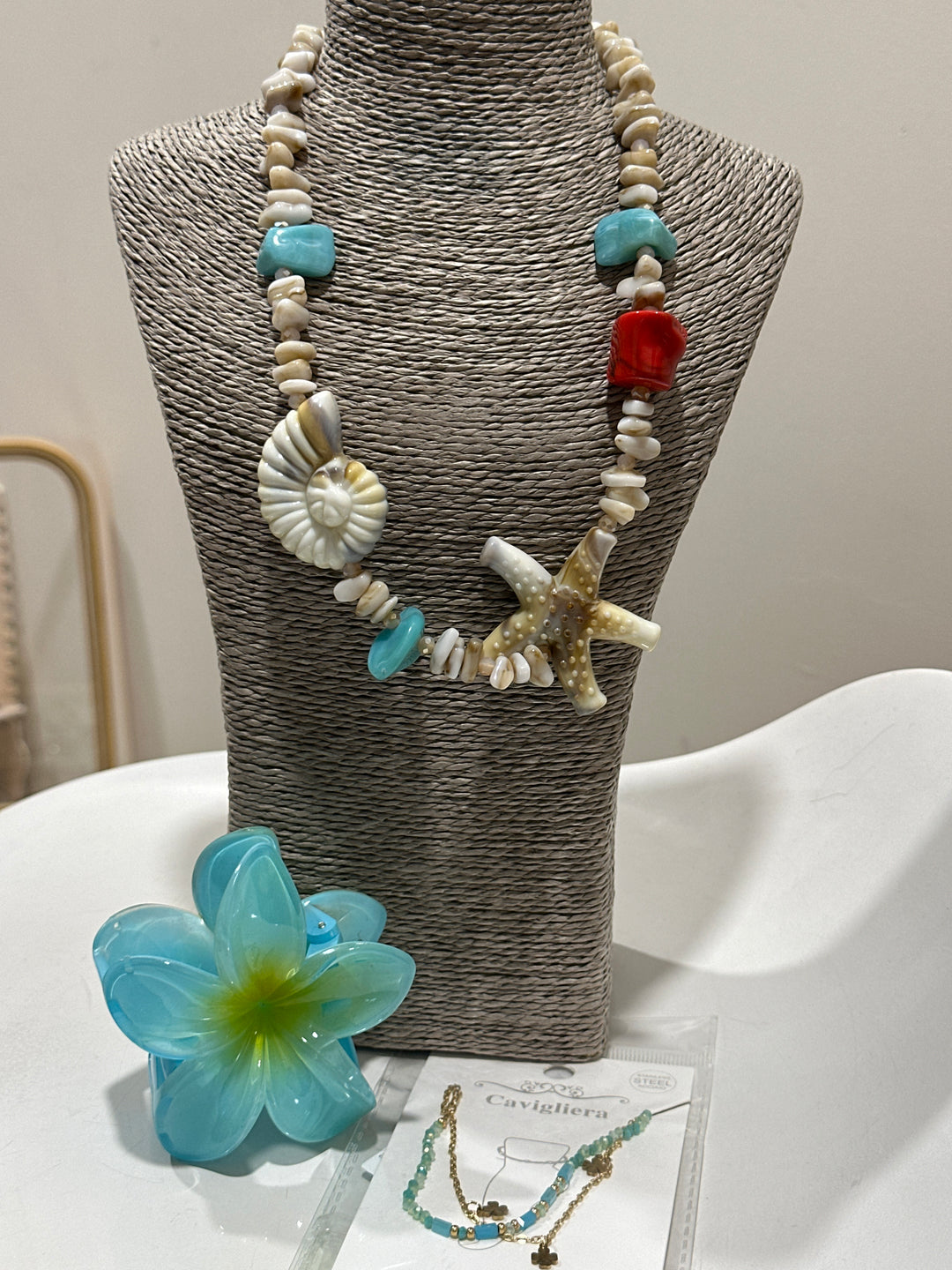 Set collier plage + pince en fleur + bijou pied BLEU