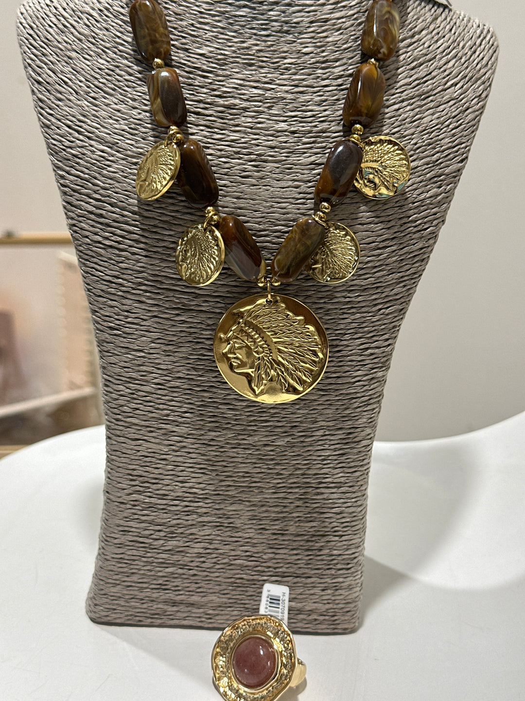 Set collier perles marron + bague ronde