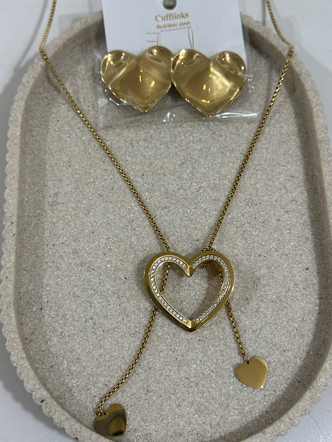 Set sautoir cœur strass + boutons manchette coeurs